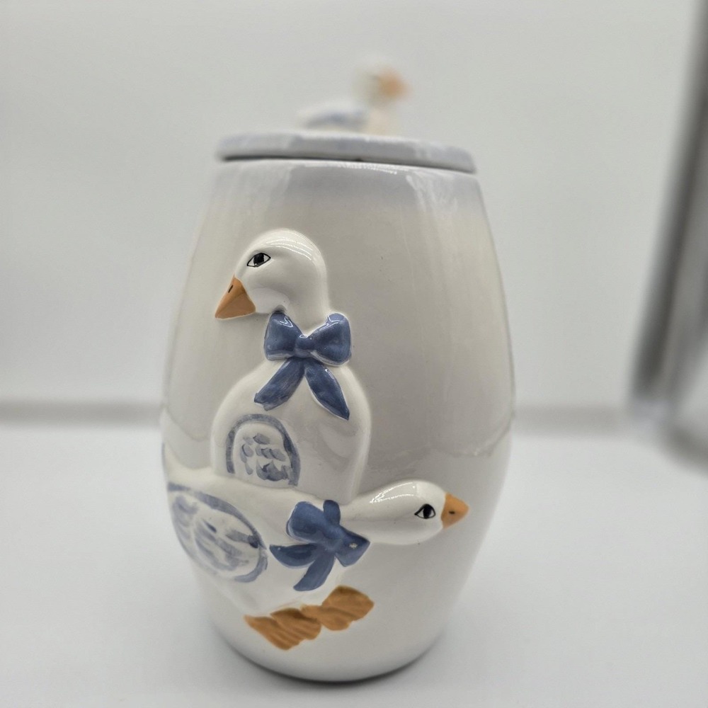 Vintage Ceramic White Blue DuckGoose Bow Storage Canisters Cottage Kitchen Deco